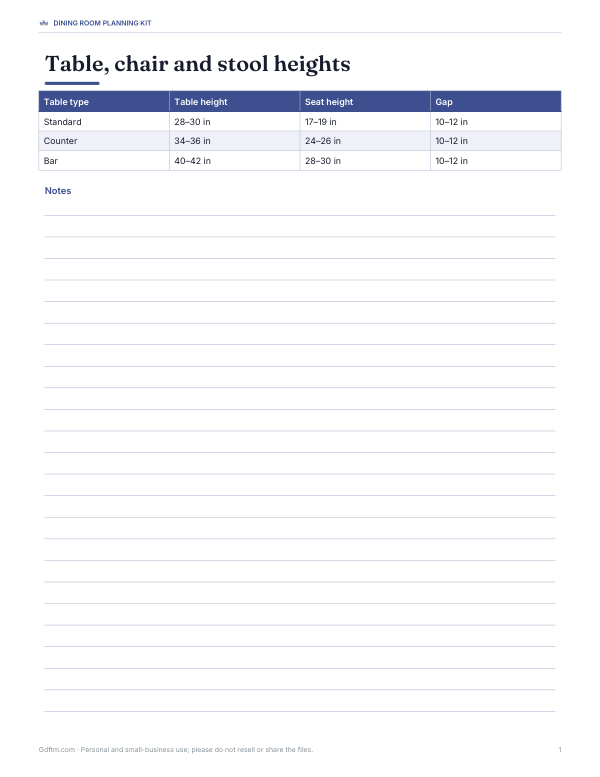 Preview of Printable Dining Table Height Chart
